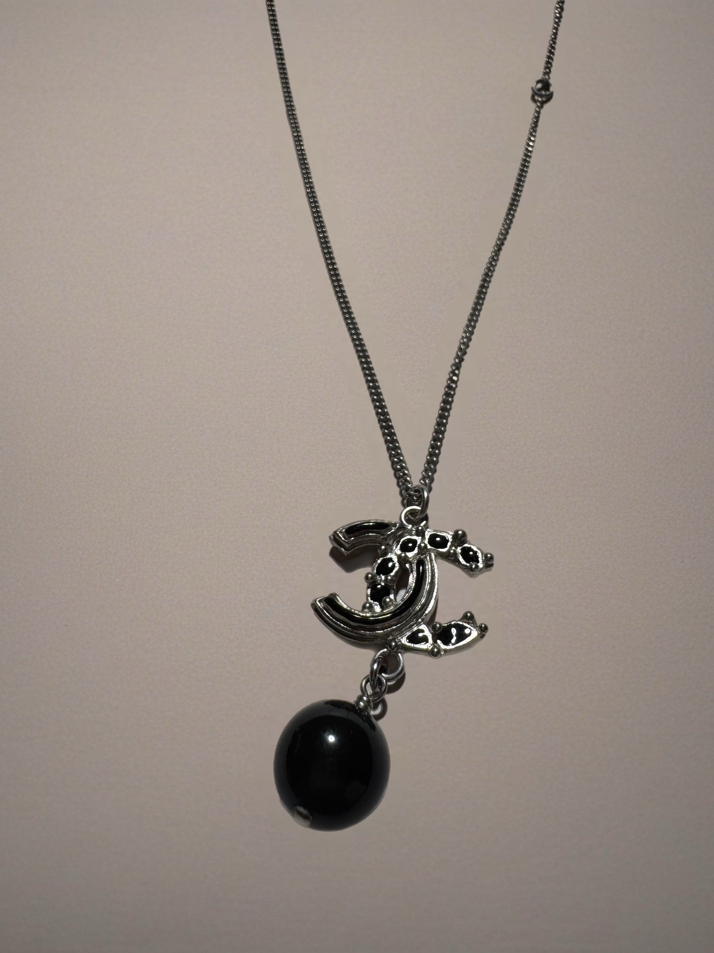 🖤 Chanel CC Logo Pendant Necklace with Black Bead Drop